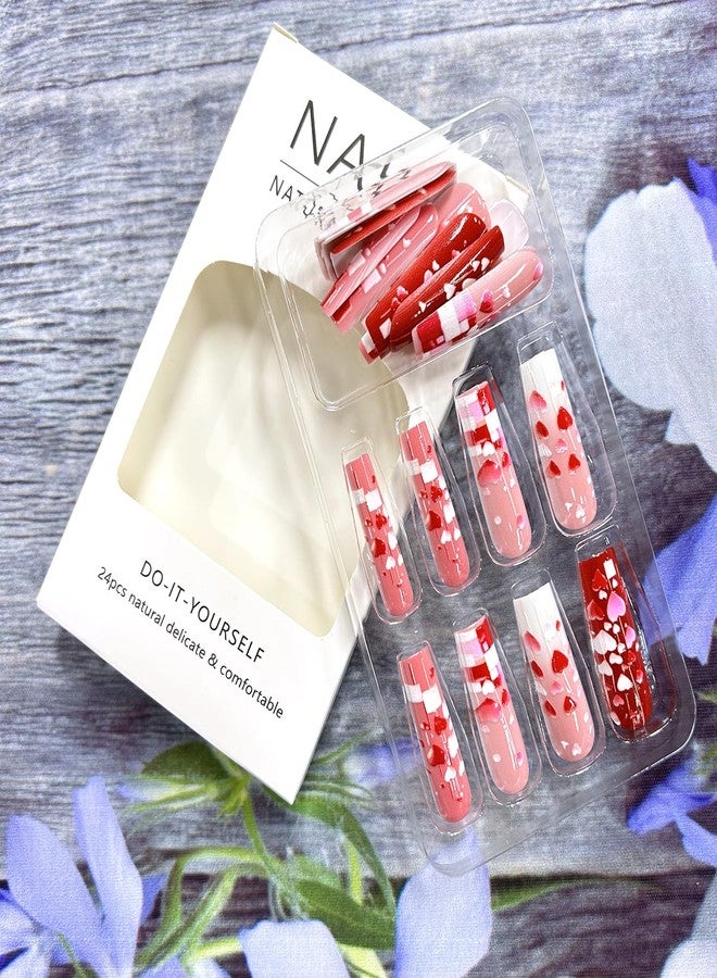 CJDLTS Valentine's Press on Nails Long Length Valentine's Acrylic Nails 3D Pink Red Love Heart Design Full Cover Glue on Nails Glossy False Nails Valentines Stick on Nails for Women Holiday Nails - Image 3
